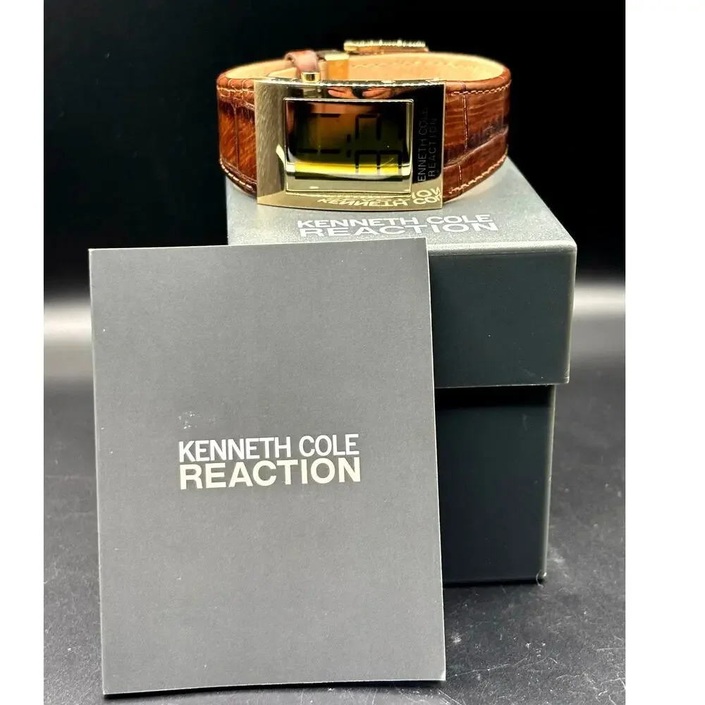 Kenneth Cole Reaction KC1398 Digital Gold Tone Brown Embossed Leather Watch Y2K